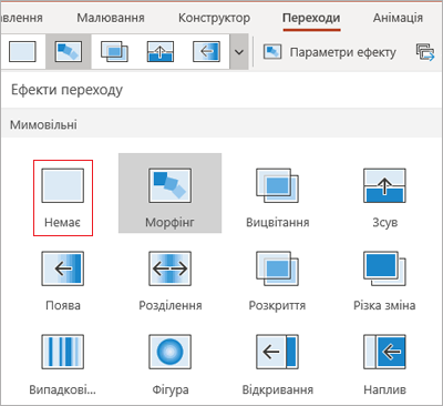 Інструкції Microsoft зі створення презентацій: перелік переходів між слайдами та їх схематичне зображення (морфінг, вицвітання, зсув, поява, розділення, розкриття, різка зміна тощо). Ми не радимо використовувати цей функціонал у створенні презентацій ppt